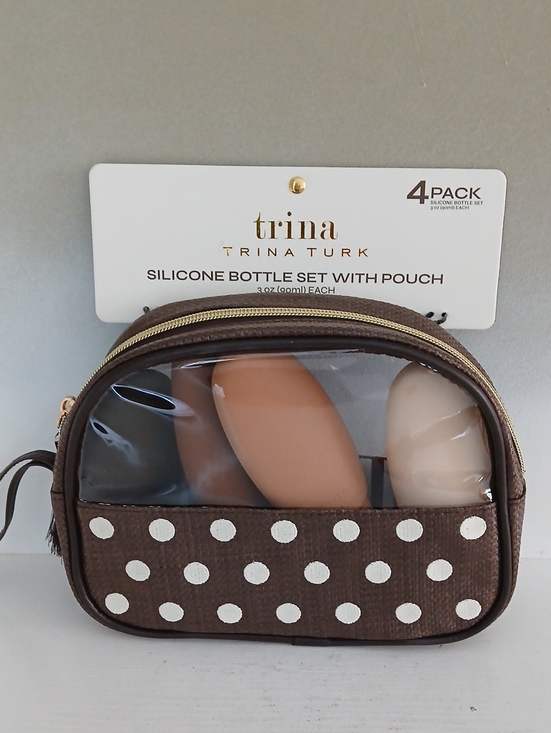 Trina Turk Handbags - Trina Turk Brown Polka Dot Silicone Bottle Set with Clear-Window Pouch